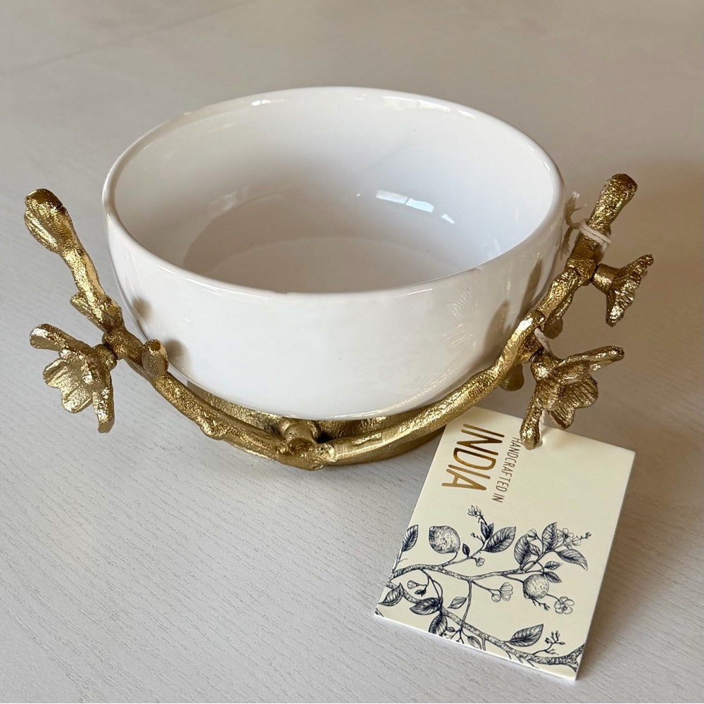 White Ceramic Bowl with Gold Branch Design - Picture 3 of 11